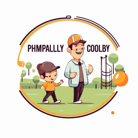 Happy father and son playing in the park. Cartoon vector illustr