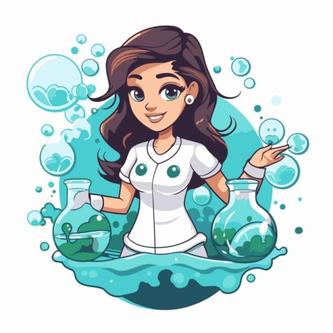 Scientist woman with chemical flasks and bubbles. Vector illustr