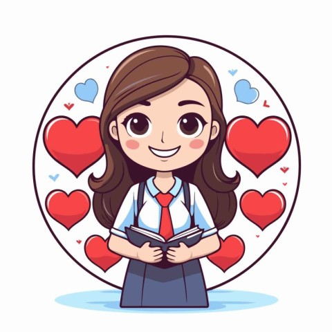 Cute little girl holding book and hearts around her. Vector illu