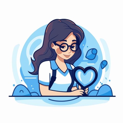 Girl with a magnifying glass and a heart. Vector illustration.