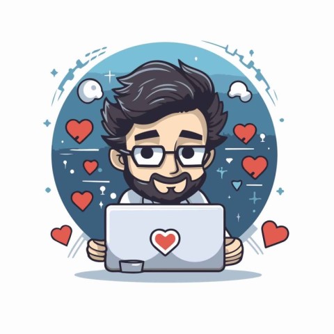 Vector illustration of a hipster man with laptop and hearts arou