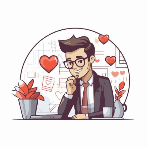 Vector illustration of a young man in glasses sitting at the tab