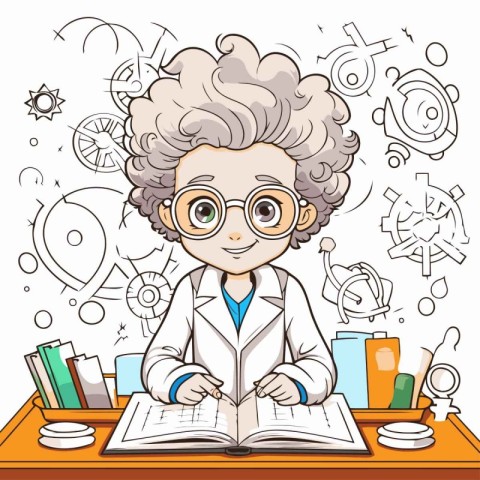 Vector illustration of a boy in a lab coat and glasses with a bo