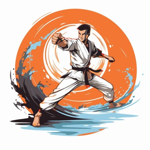 karate fighter on the background of the sea. Vector illustration