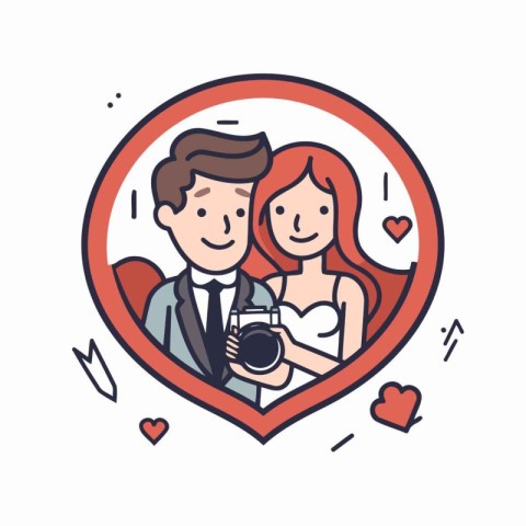 Couple in love with camera in heart shape. Vector illustration.