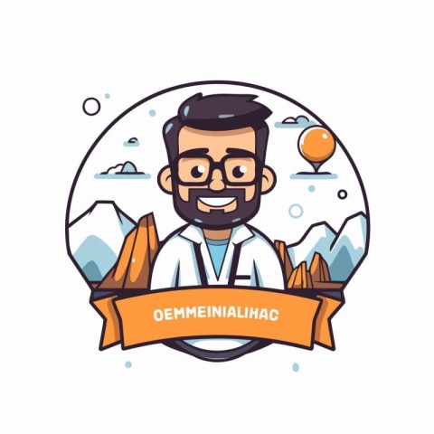 Vector illustration of a doctor with a beard and glasses in a fl