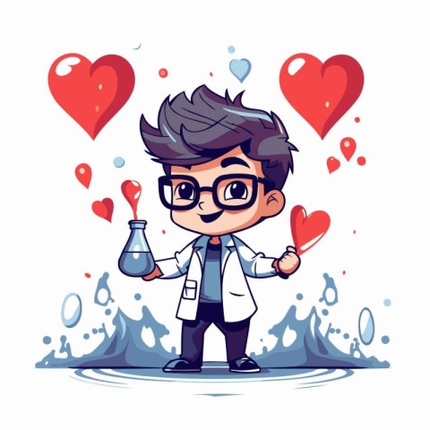 Cute boy scientist cartoon character. Vector illustration in a f