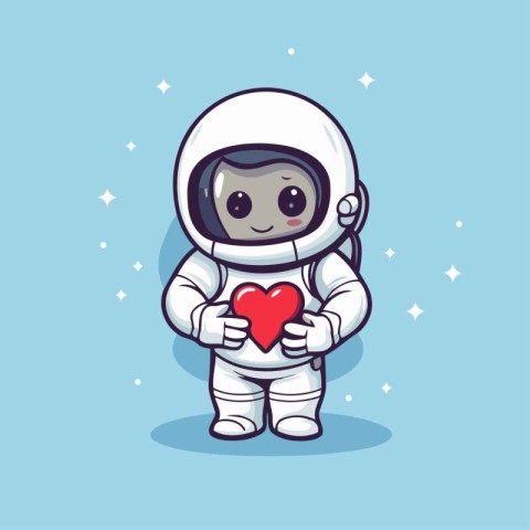 Cute astronaut holding red heart in his hands. Vector illustrati