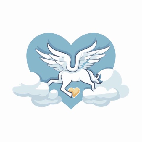 Heart with winged white Pegasus on a blue background. Vector ill