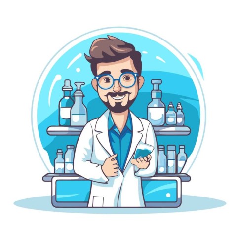 Scientist man in lab coat and eyeglasses. Vector illustration.