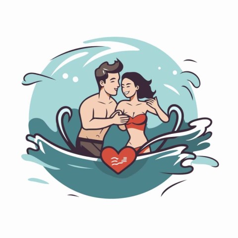 Couple in love swimming in the sea. Vector illustration in carto