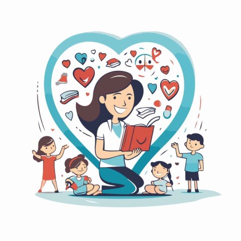 Mother reading a book to her children. vector illustration in ca