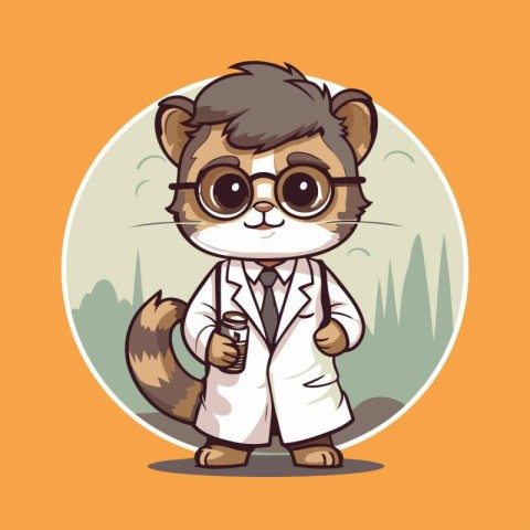 Cute ferret in a lab coat and glasses. Vector illustration.