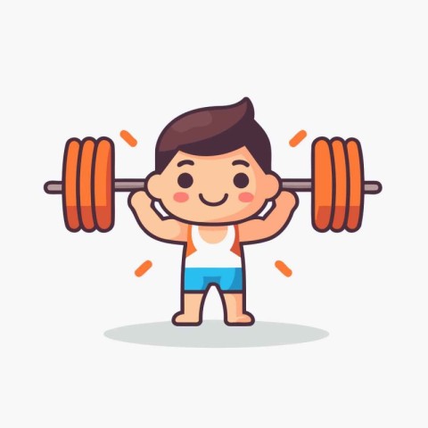 Fitness boy cartoon character with barbell. Vector illustration