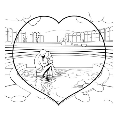 Romantic couple kissing in a park. Black and white vector illust