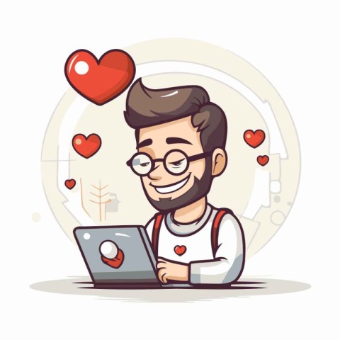 Man with laptop and hearts around him. Vector illustration in ca