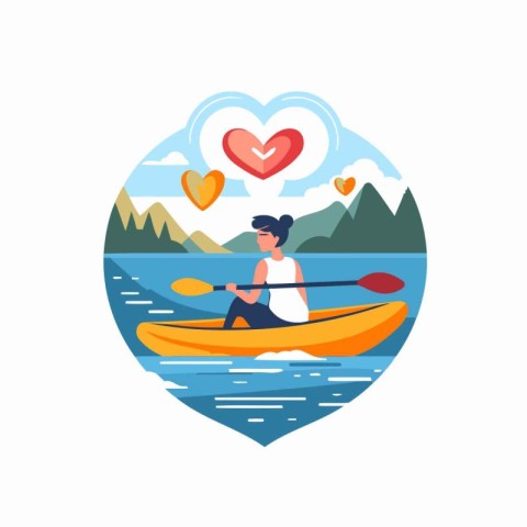 Young man in a kayak with a heart in his hand. Vector illustrati