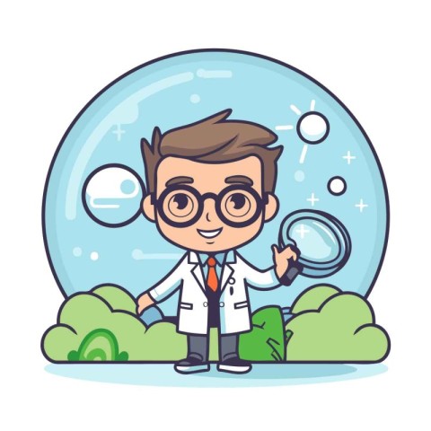 Scientist with Magnifying Glass - Vector Character Cartoon Illus