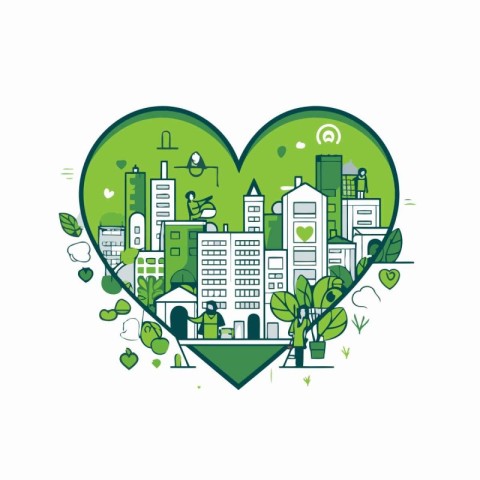 Cityscape in heart shape with green plants and buildings. Vector