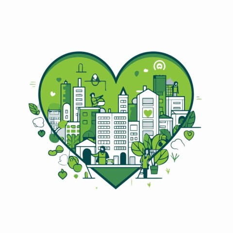 Cityscape in heart shape with green plants and buildings. Vector