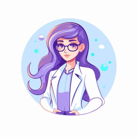 Beautiful young woman doctor in glasses and white coat. Vector i