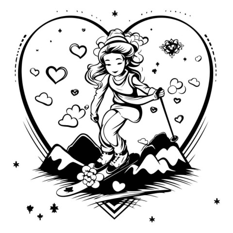 Girl riding a skateboard in the shape of a heart. Vector illustr