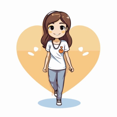 Cute little girl in casual clothes with heart. Vector illustrati