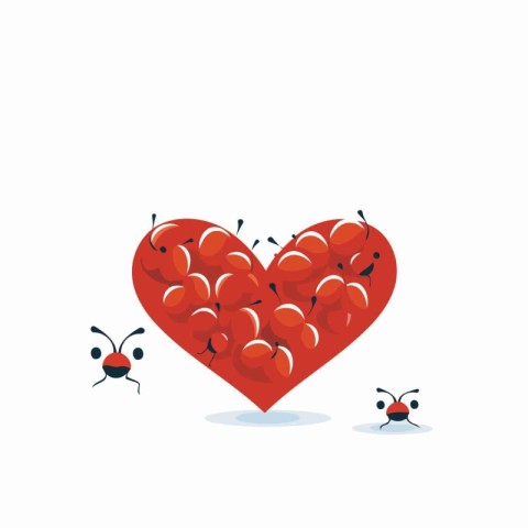 Cute cartoon red heart with ants. Valentine's day vector illustr