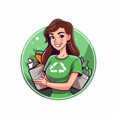 Vector illustration of a female volunteer holding a garbage bag