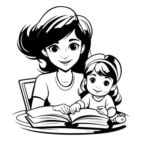 Mom and daughter reading a book. Black and white vector illustra