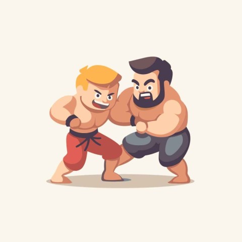 Cartoon vector illustration of two strong karate fighters sparri