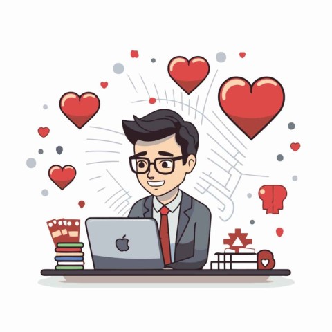 Businessman with laptop and hearts around him. Vector illustrati