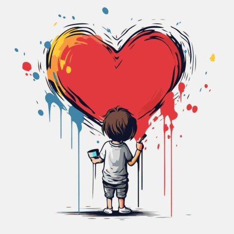 Little boy with a red heart on a white background. Vector illust