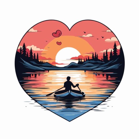 Man in a canoe on the lake at sunset. Vector illustration.