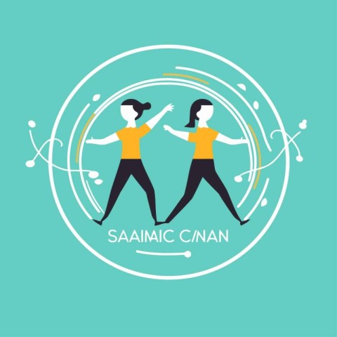 Vector illustration of two girls doing yoga in a circle on a tur