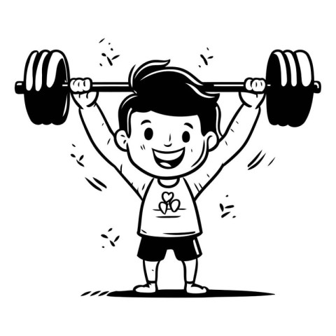 Cartoon boy lifting barbell. Vector illustration in black and wh