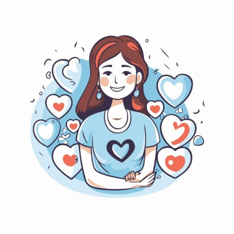 Cute girl with hearts around her. Vector illustration in cartoon