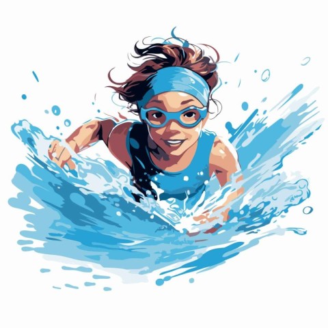 Swimming girl in glasses and cap. Vector hand drawn illustration