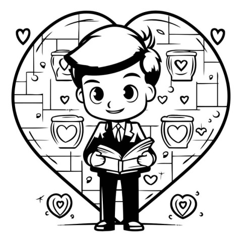 Black and White Cartoon Illustration of Boy Reading a Book in He