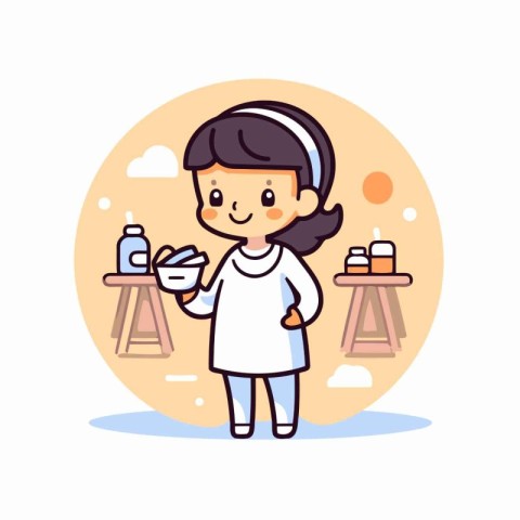 Cute little girl applying cream on her face. Vector illustration