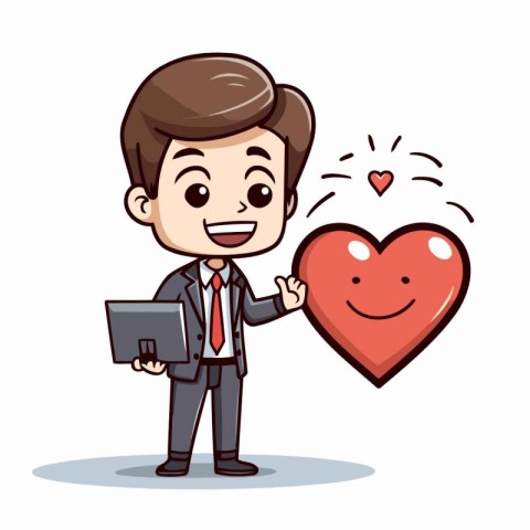 Businessman with heart and laptop. Vector character design. Busi