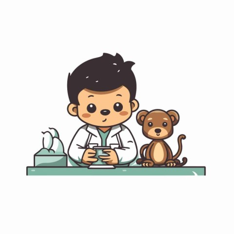 Veterinarian with a monkey on the table. Vector illustration.