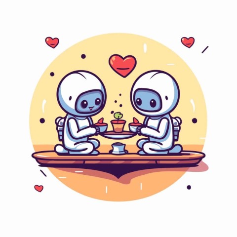 Couple of astronauts in love sitting in cafe. Vector illustratio