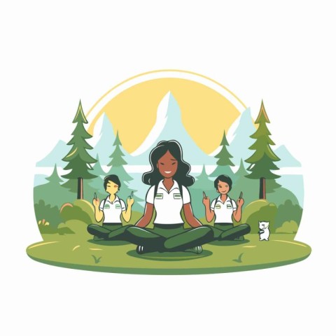 Vector illustration of a group of people meditating in lotus pos