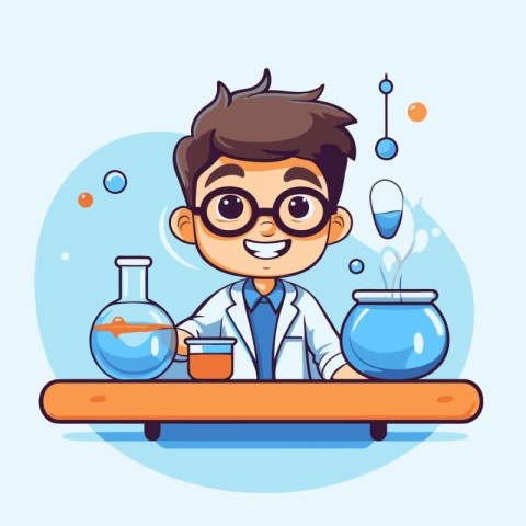 Scientist boy cartoon character in lab coat and glasses. Vector