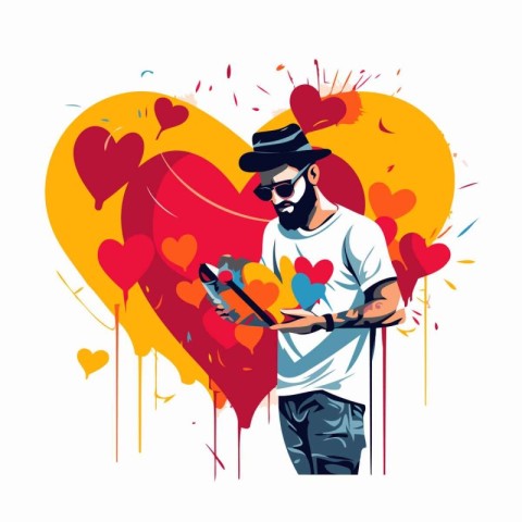 Vector illustration of a man playing the guitar on the backgroun