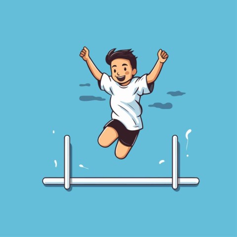 Happy boy jumping over obstacle. Vector illustration in flat car