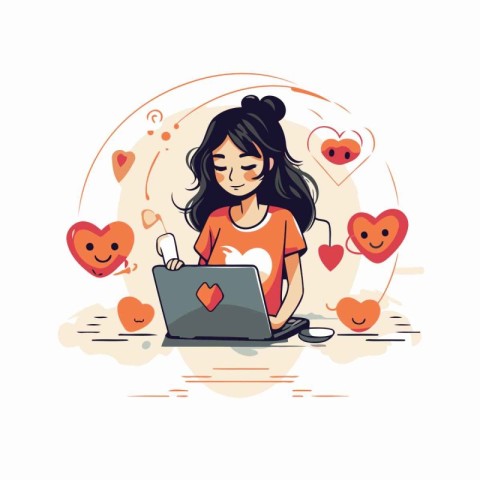 Girl with laptop and hearts. Vector illustration in a flat style