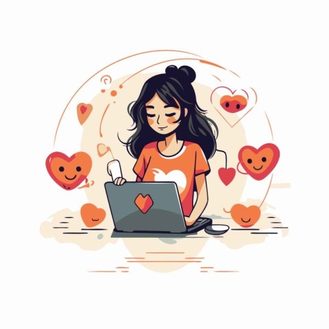 Girl with laptop and hearts. Vector illustration in a flat style