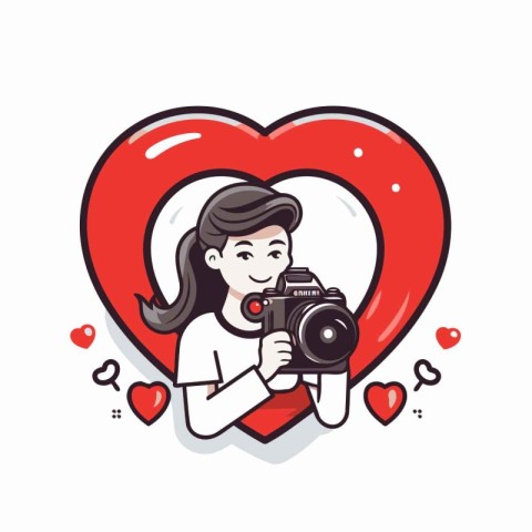 Cute girl holding a camera in heart shape. Vector illustration.